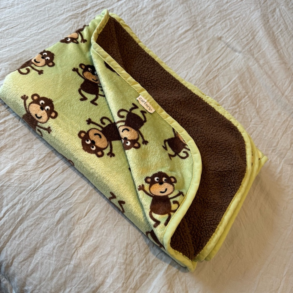 Carter's Monkey baby blanket green brown sherpa security lovey